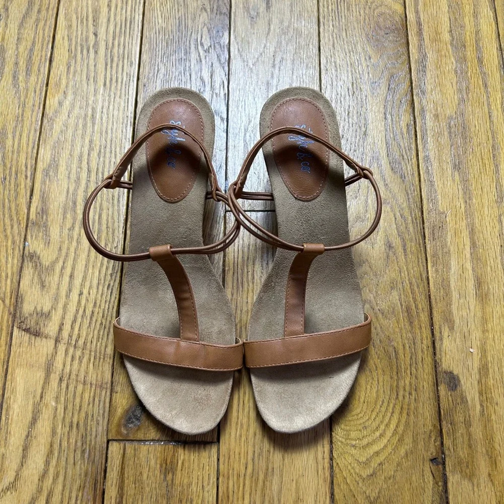 Style & Co Mulan Tan Brown T-Strap Woven Wedge Sandals Size 8.5M F42544